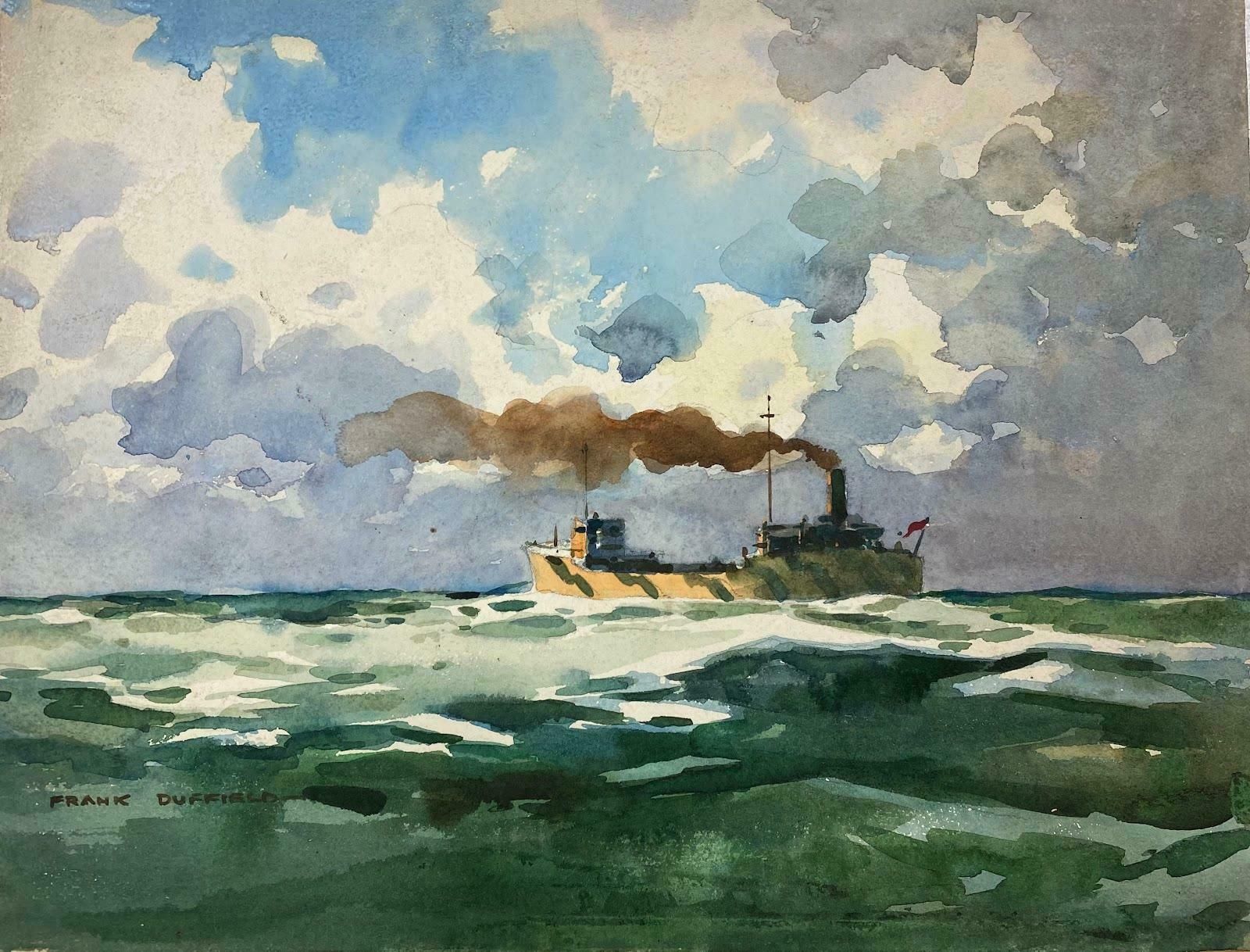 Frank Duffieldbritish Impressionist Painting Bridge Behind Fishing Boat Mid 20th Century