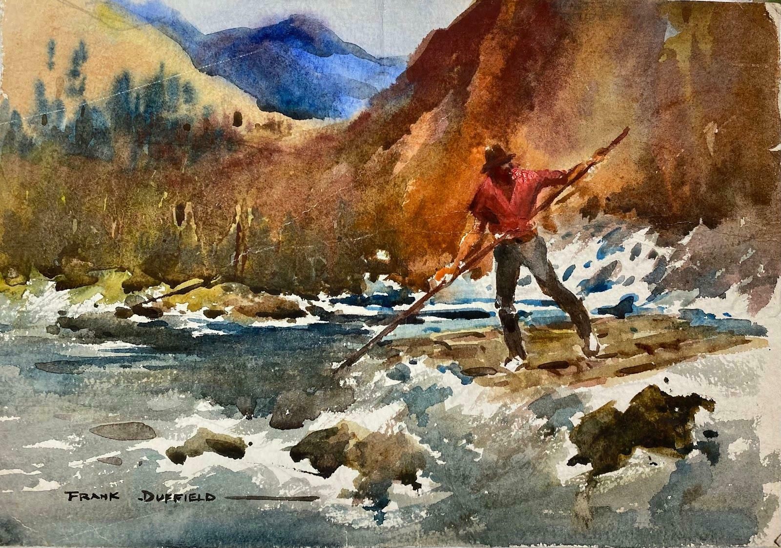 Frank Duffieldbritish Impressionist Painting Man Fishing With Spearmid 20th Century