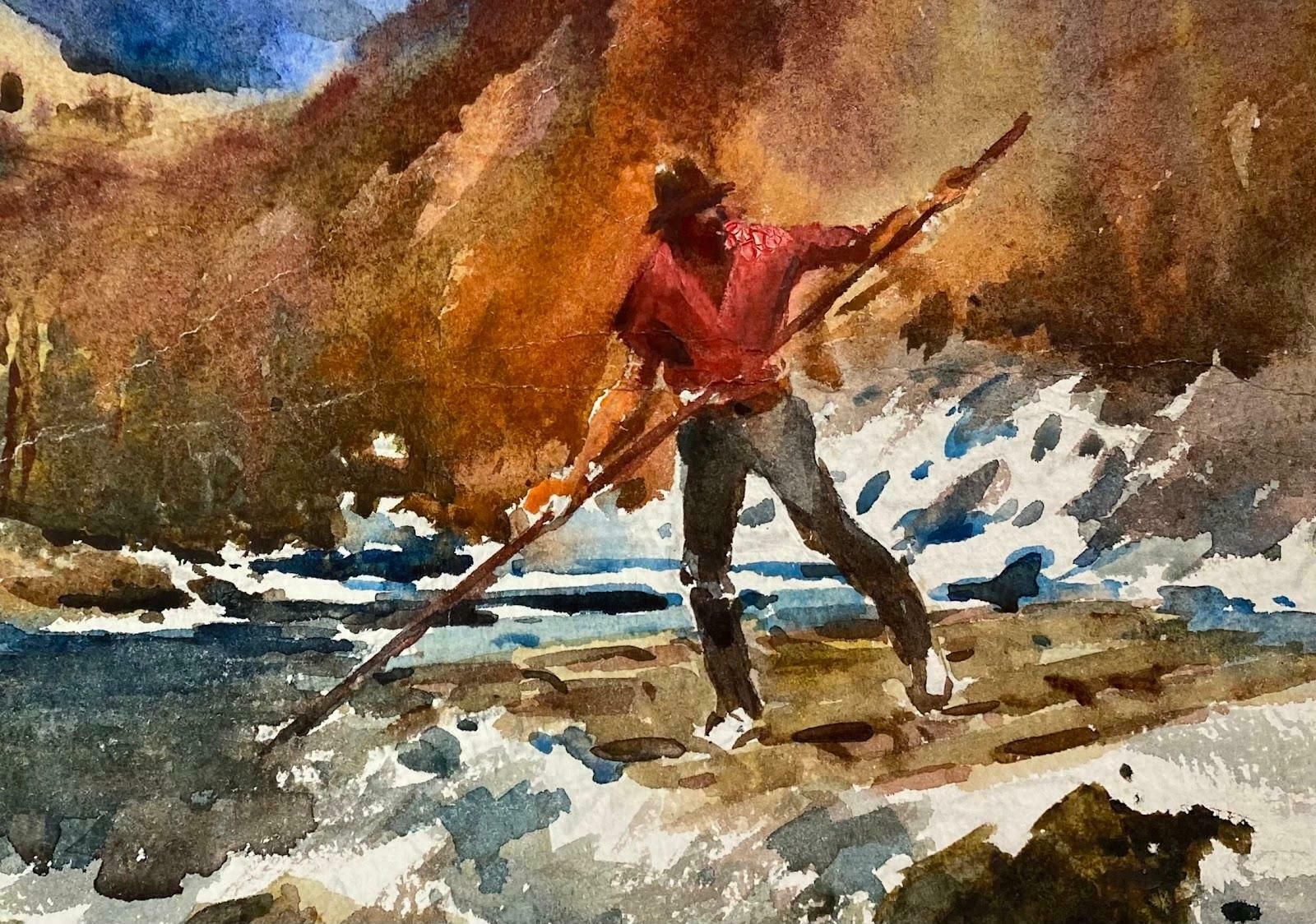 Frank Duffieldbritish Impressionist Painting Man Fishing With Spearmid 20th Century photo furniture