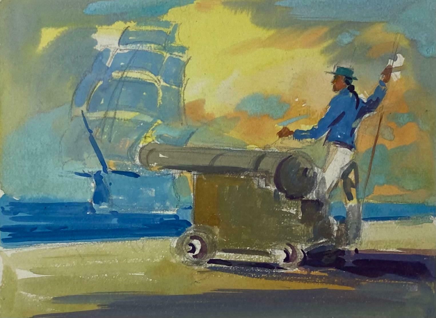 Frank Duffieldbritish Impressionist Painting Figure With Cannon Waiting At The Port Mid 20th Century