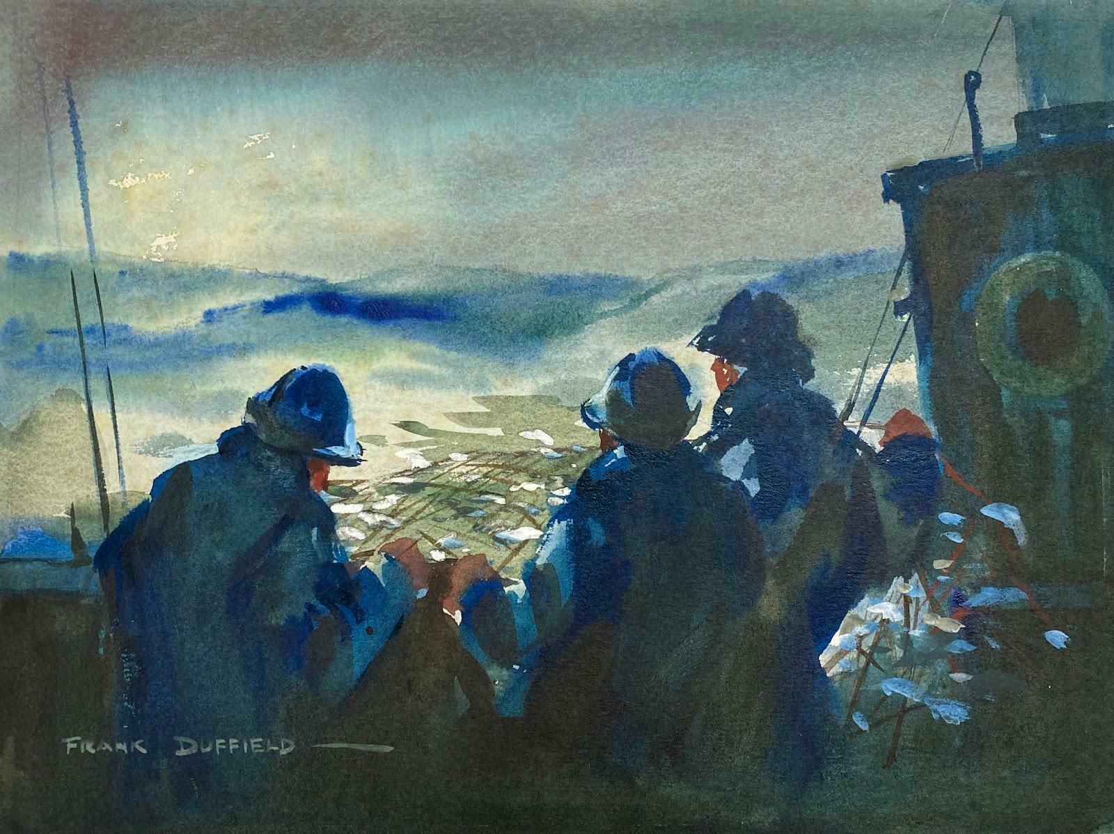 Frank Duffieldbritish Impressionist Painting Fishermen With Their Nets Out Mid 20th Century