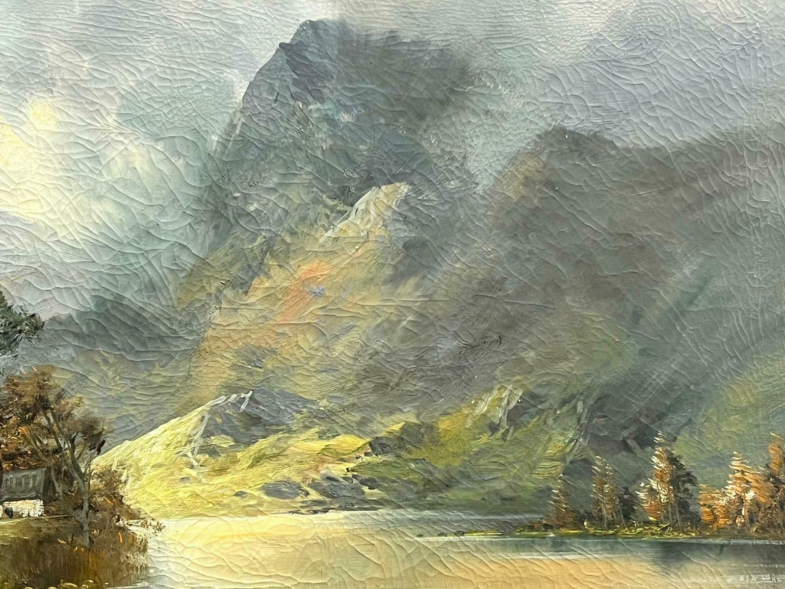 Joel Owenantique Scottish Highlands Loch Landscape Figure By Cottage Signed Oil1918 photo for sale