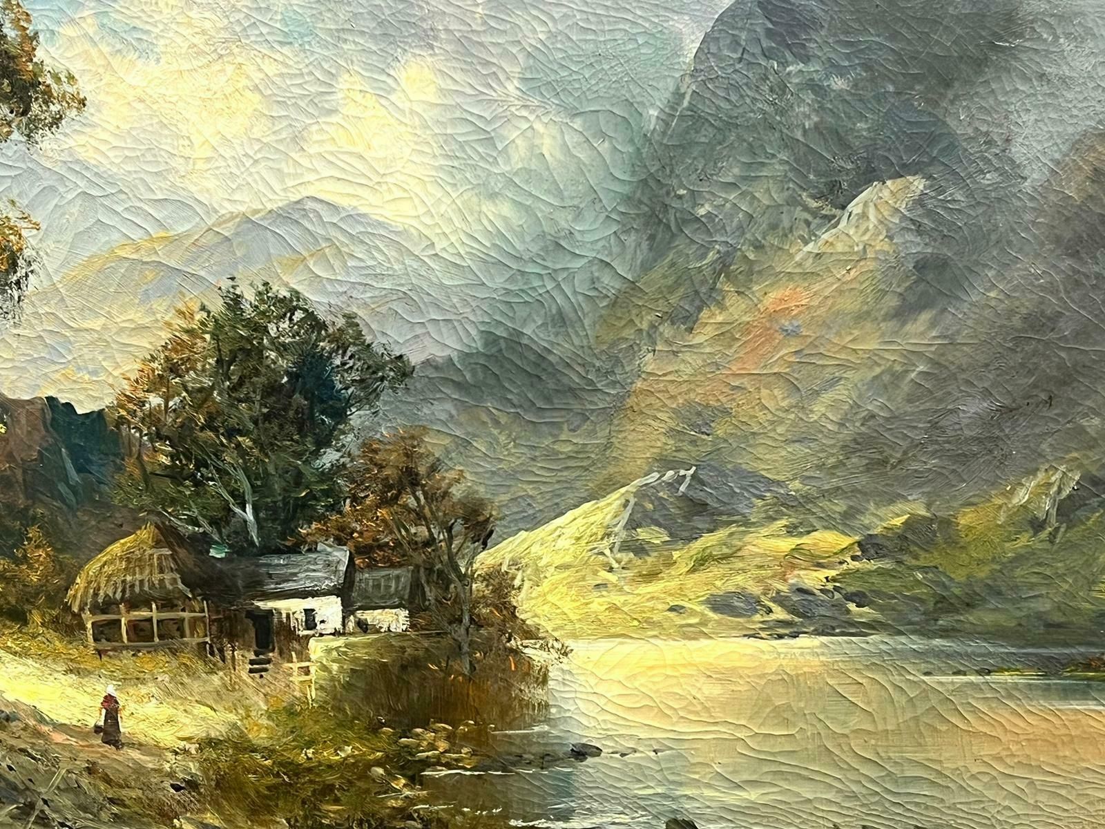 Joel Owenantique Scottish Highlands Loch Landscape Figure By Cottage Signed Oil1918 photo vinterior