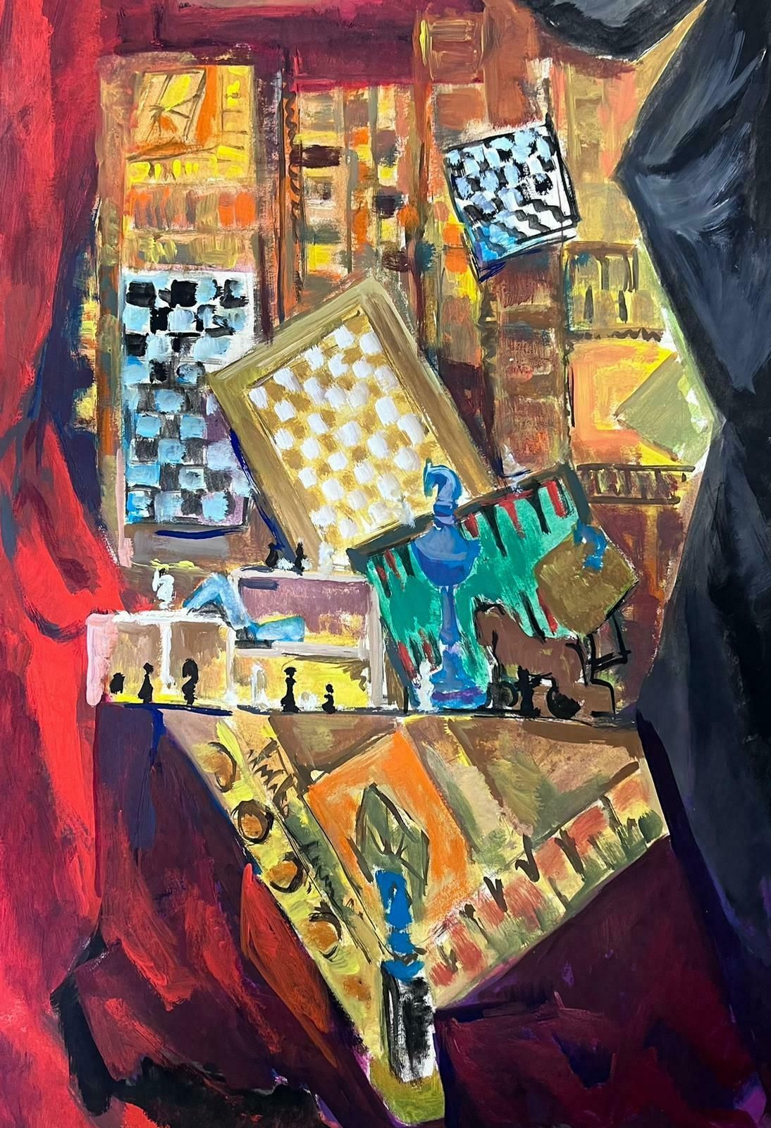 Guy Nicod 1970's French Modernist Board Games Abstract Composition Painting