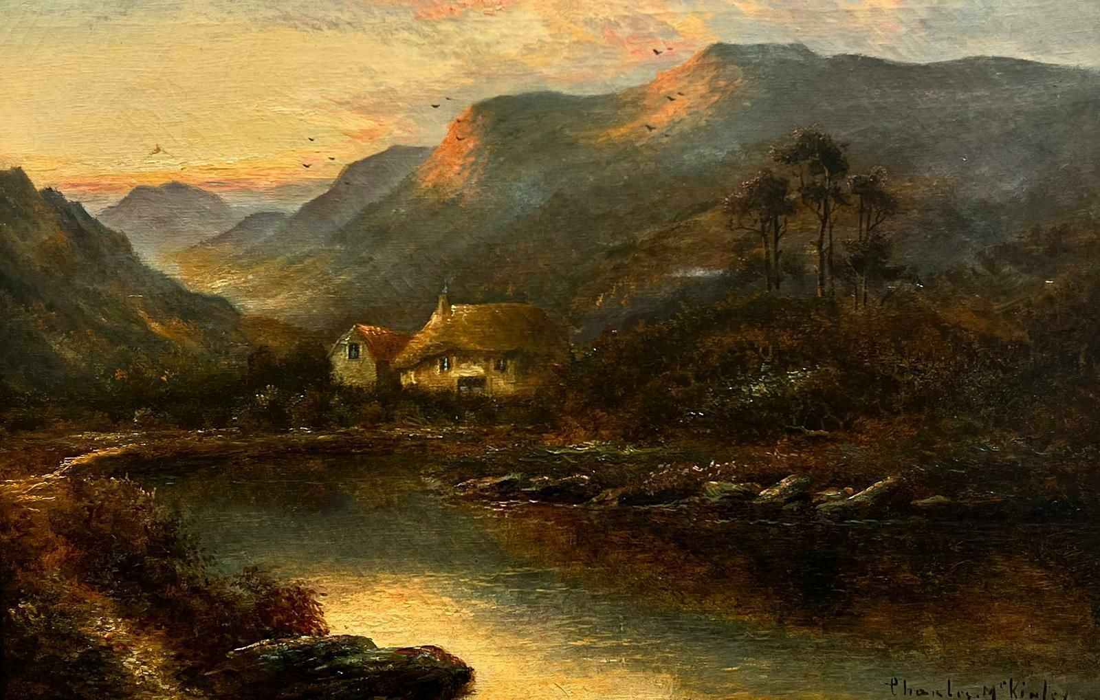 Charles M.C Kinleyantique Scottish Signed Oil Sunset Over Loch Side Cottages And Mountains