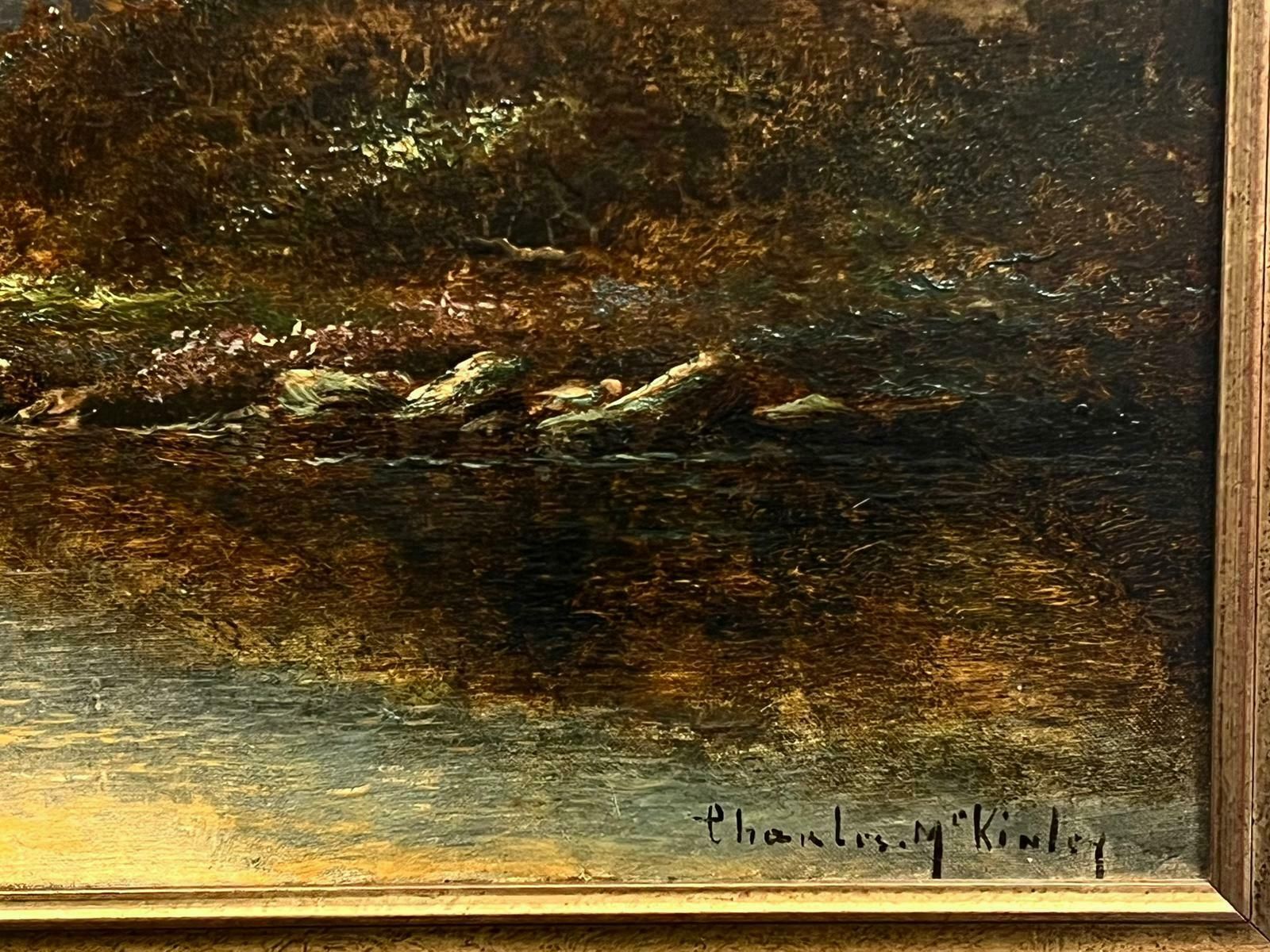 Charles M.C Kinleyantique Scottish Signed Oil Sunset Over Loch Side Cottages And Mountains photo for sale