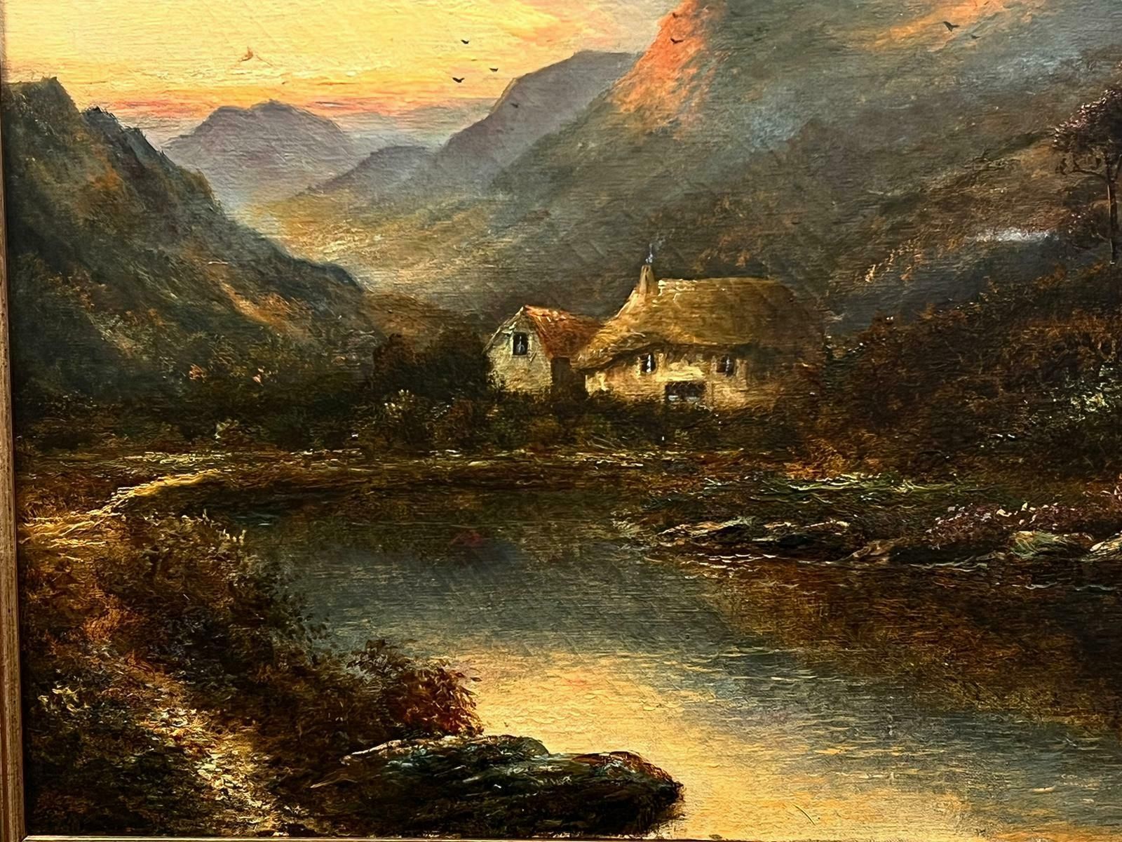 Charles M.C Kinleyantique Scottish Signed Oil Sunset Over Loch Side Cottages And Mountains photo Art