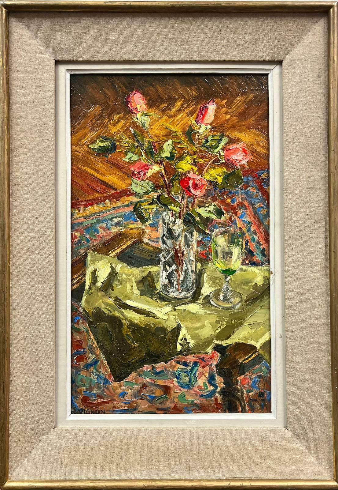 Josine Vignonroses In Vase 1960’s French Post Impressionist Oil Painting Interior Scene1960's