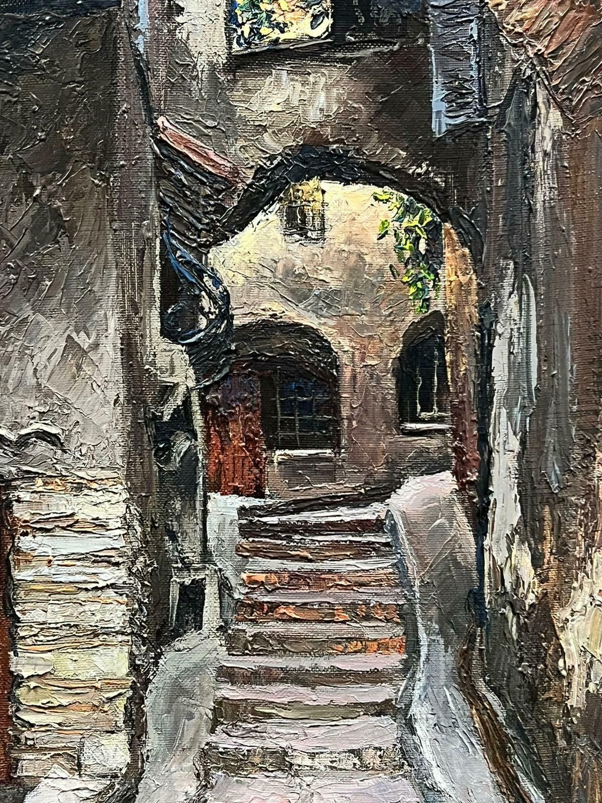 Josine Vignonold Town Provence Stone Steps Back Streets 1960’s French Oil Painting 1960's photo Art