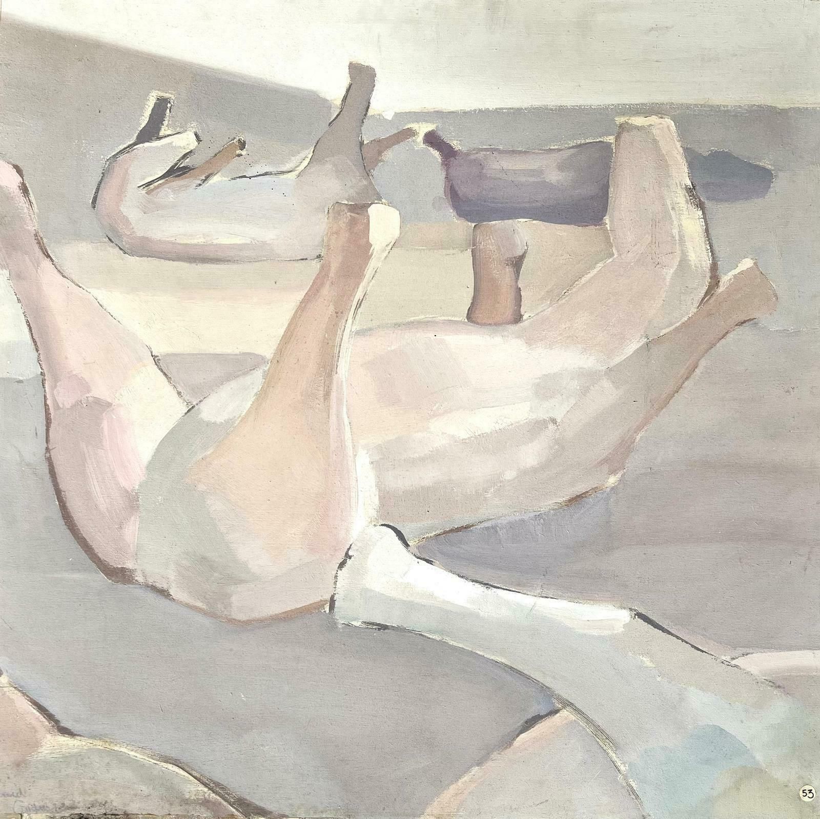 French Schoollarge 1970’s French Modernist Oil Painting Horses Laying On Backs In Field