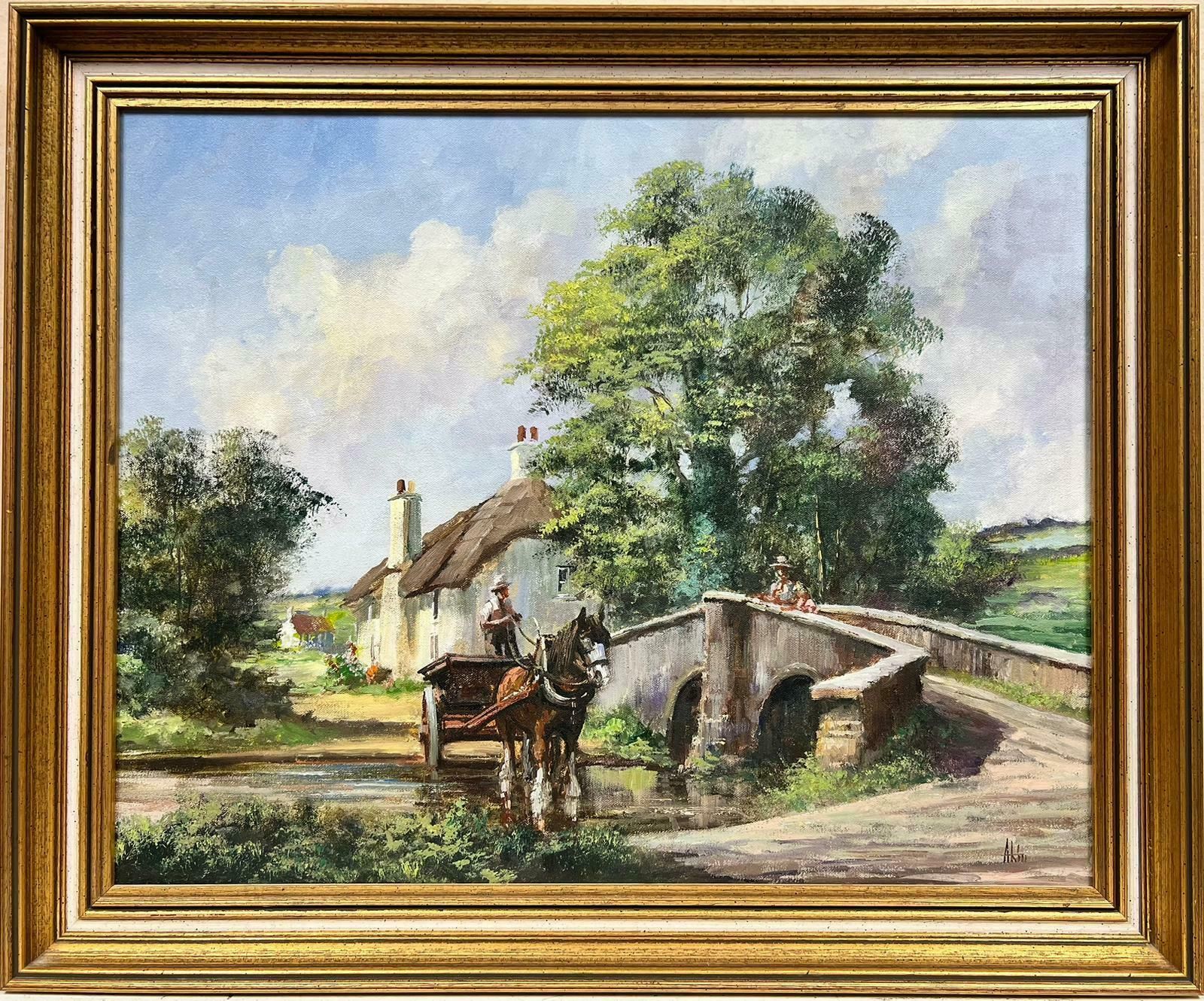 Alan Kingtraditional English Rural Oil Painting Horse & Cart Crossing Stream In Fields