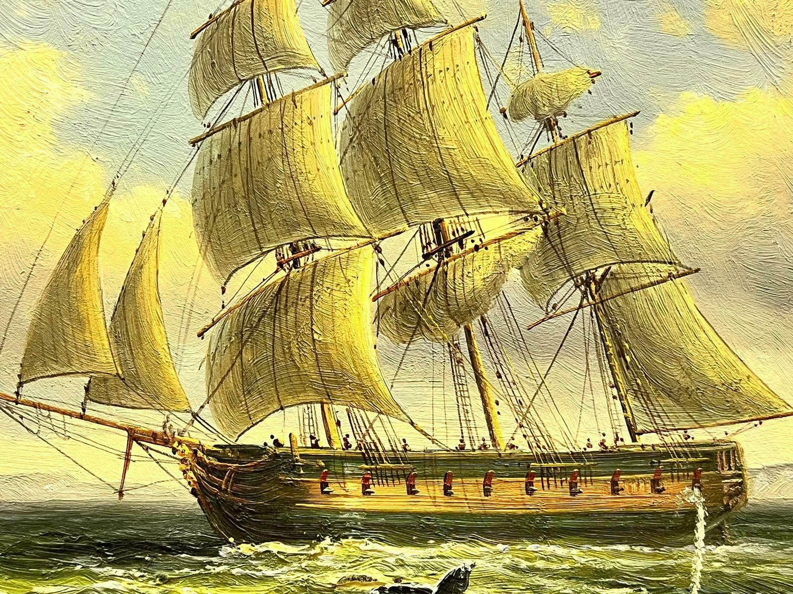 English Marineclassic Tallship At Sea With Whale In Water Off Coastline, English Oil Painting photo furniture