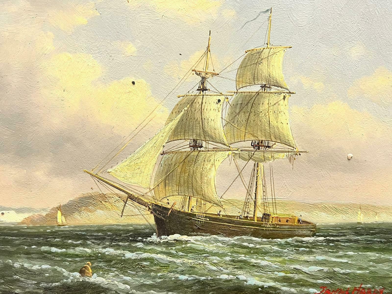 James Hardyclassic Tall Sailing Ship In Choppy Waters Off Coastline, Signed Oil Painting photo furniture