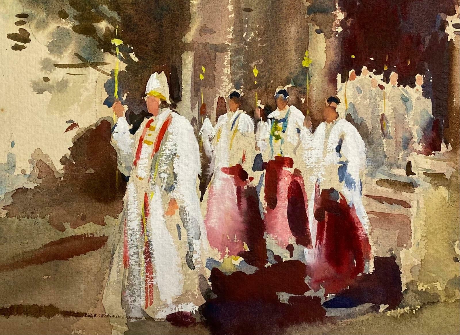Frank Duffieldbritish Impressionist Painting Religious Figures Exiting The Church Mid 20th Century photo furniture