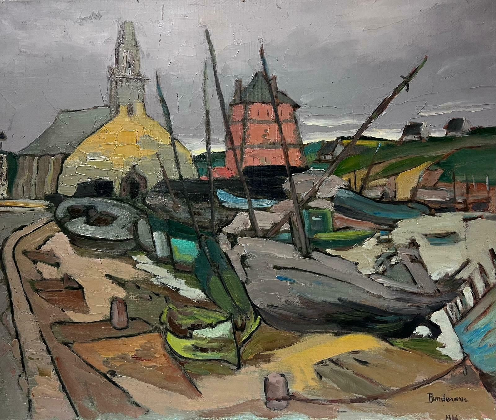 Georges Bordonovecontemporary French Impressionist Oil Fishing Boats In Dark Town Dockyard