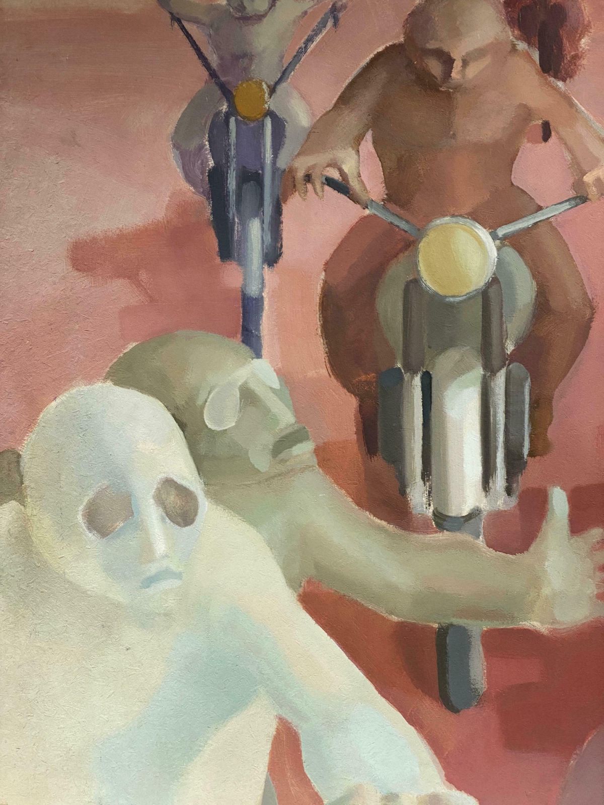 Andresmale Bikers In Desert   Huge French Surrealist Oil Painting Figurative Scene C. 1970s photo 2550.0