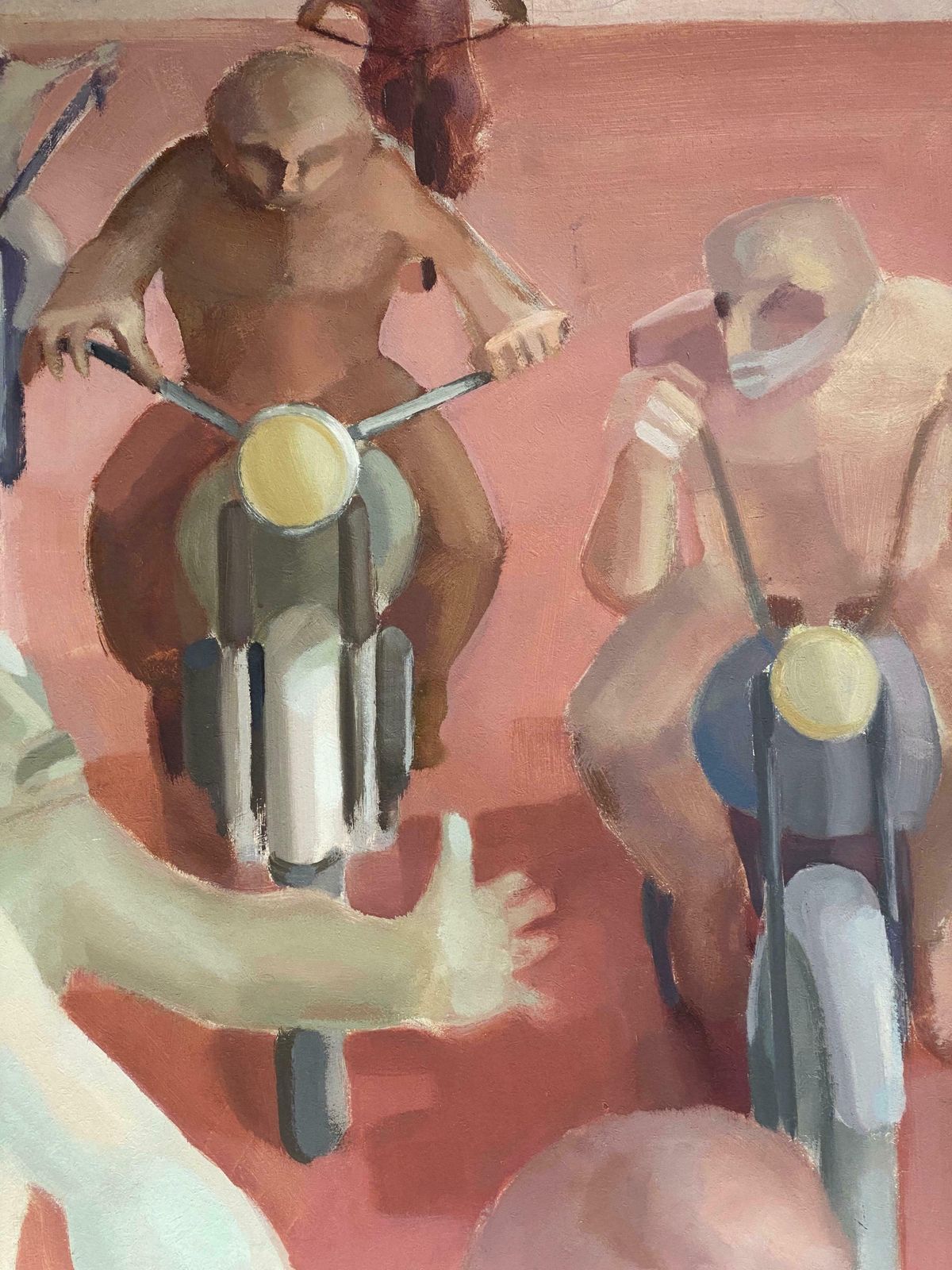 Andresmale Bikers In Desert   Huge French Surrealist Oil Painting Figurative Scene C. 1970s photo vinterior