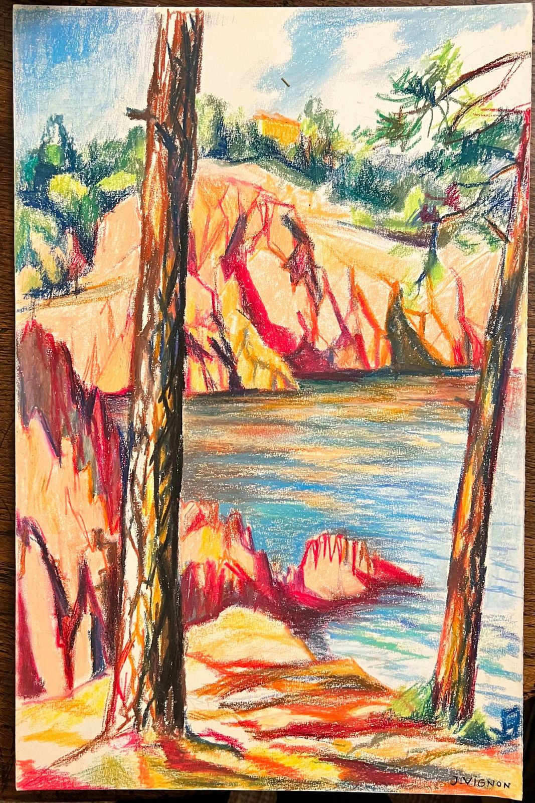 Josine Vignonfrench Bright And Vibrant Pastel Lake Landscape In Le Trayes 1960's photo furniture