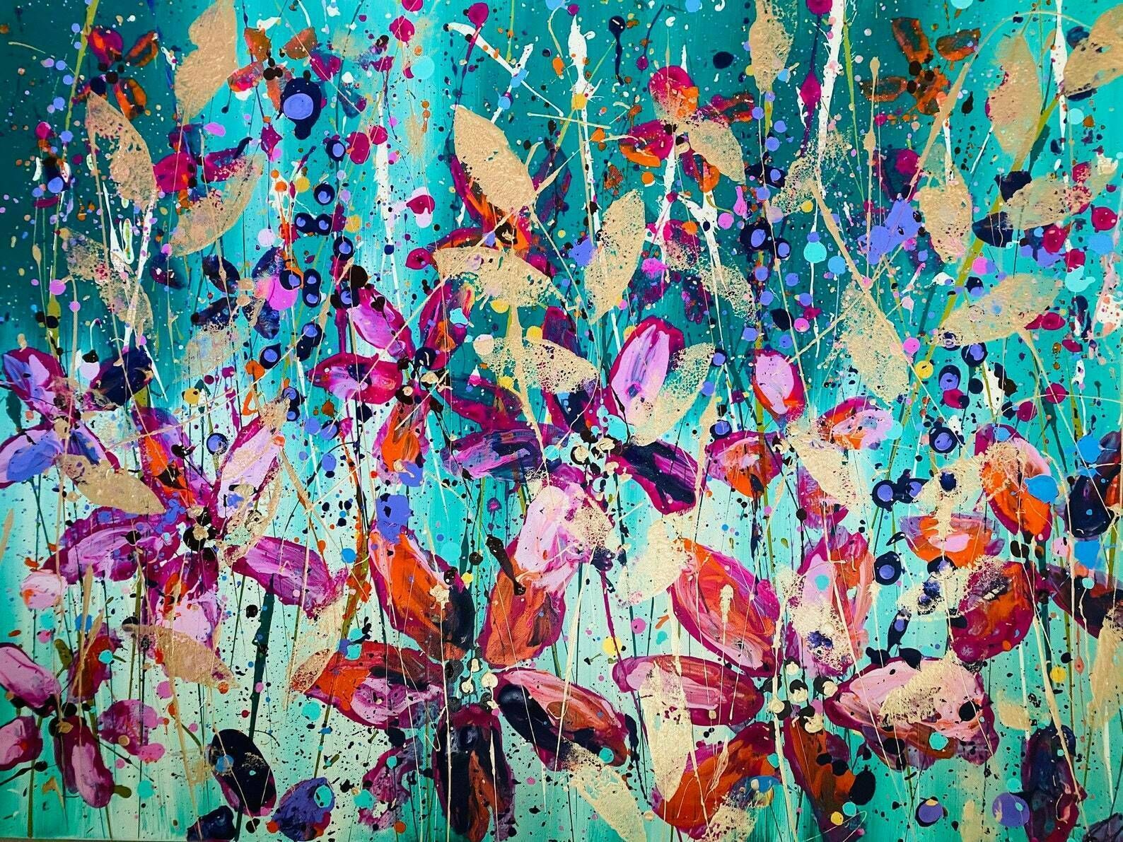 Chelsea..Hand Painted Original Acrylic Floral Art On Canvas 100cm X 75cm.Green/Pink/Red photo 585.0