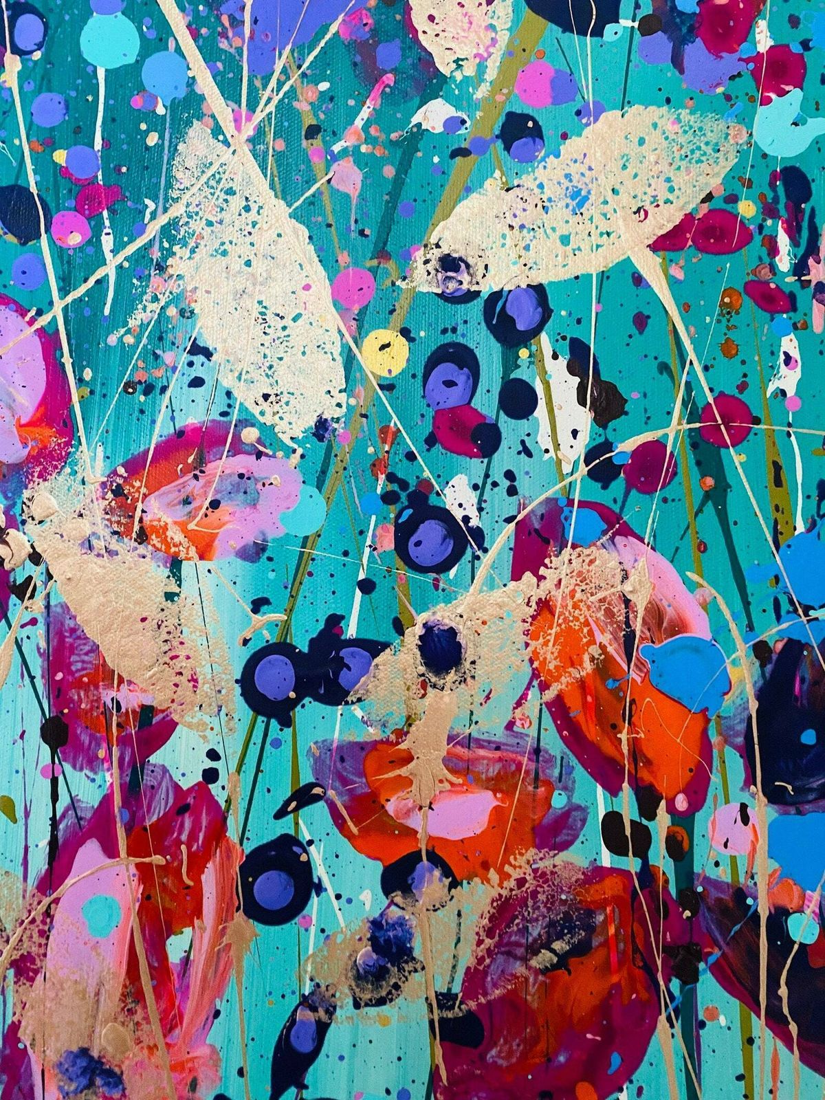 Chelsea..Hand Painted Original Acrylic Floral Art On Canvas 100cm X 75cm.Green/Pink/Red photo vinterior