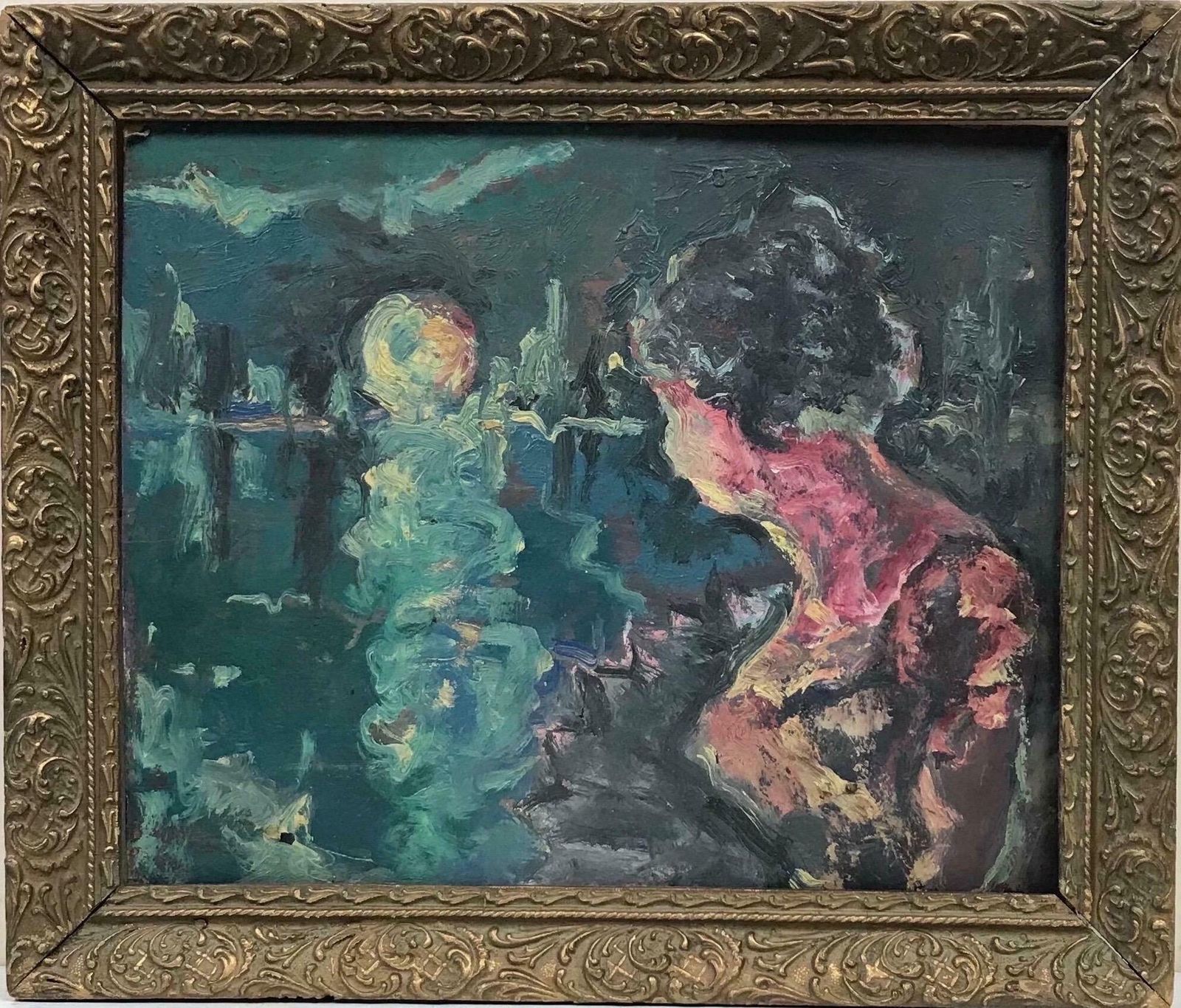 1950's French Mid 20th Century French Expressionist Oil Elegant Lady Looking Over Moonlit Lake photo furniture