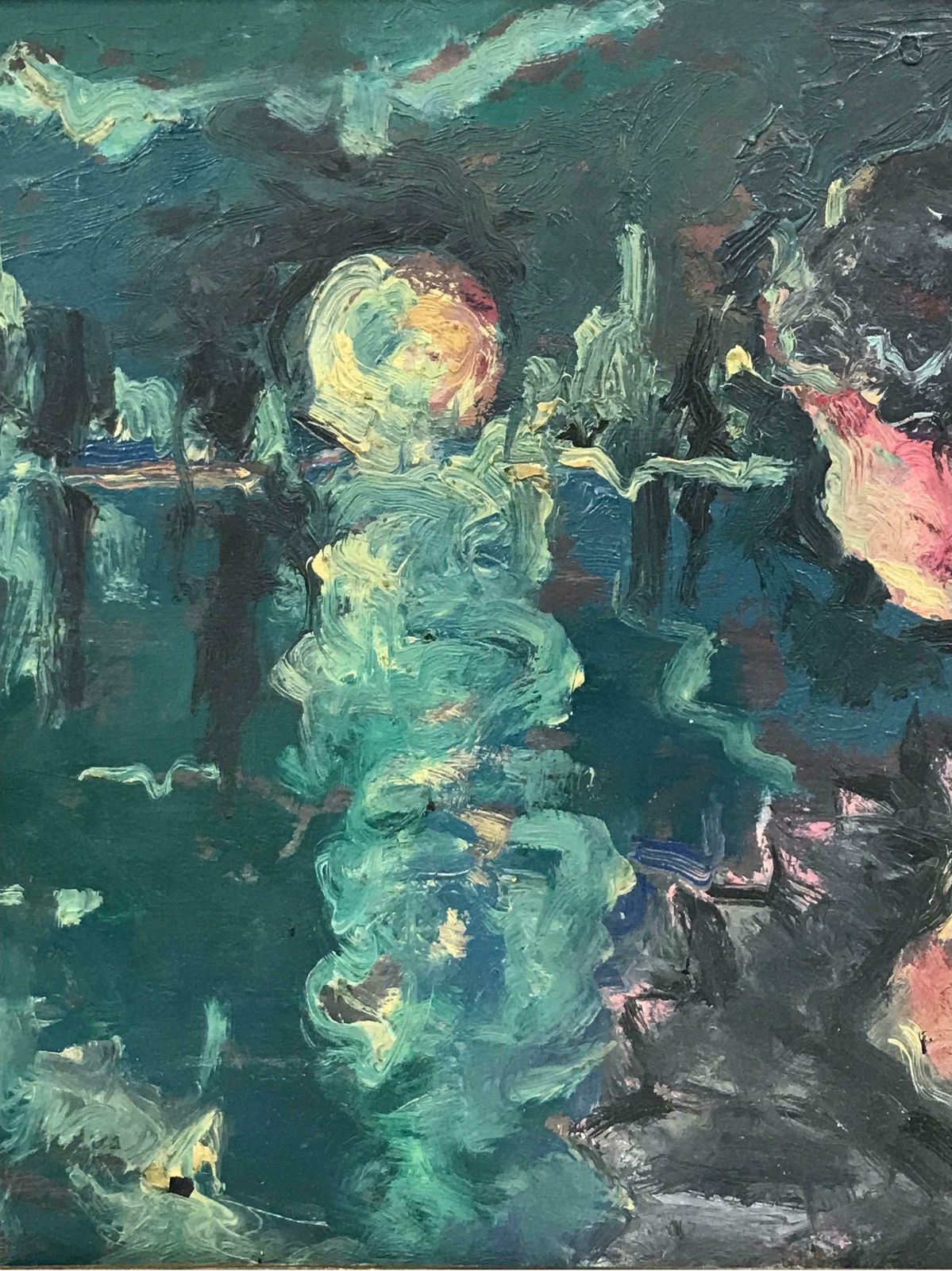 1950's French Mid 20th Century French Expressionist Oil Elegant Lady Looking Over Moonlit Lake photo vinterior