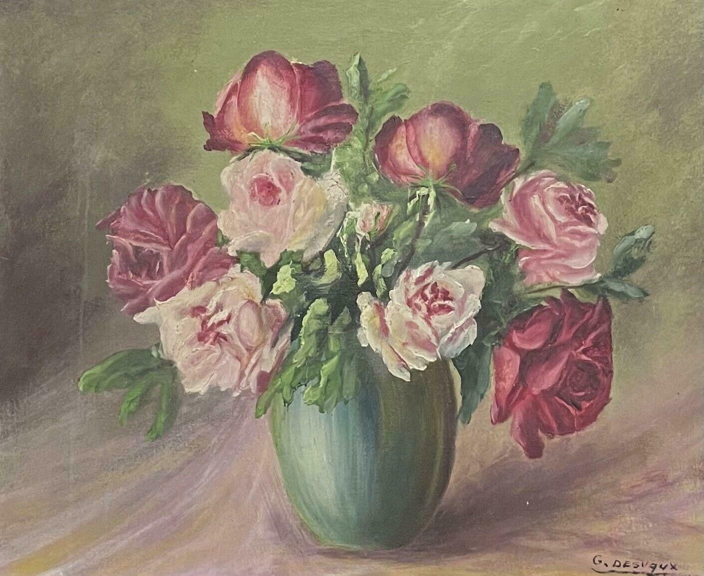 Unknown1950's Vintage French Impressionist Signed Oil Pink Roses In Vase Framed photo furniture