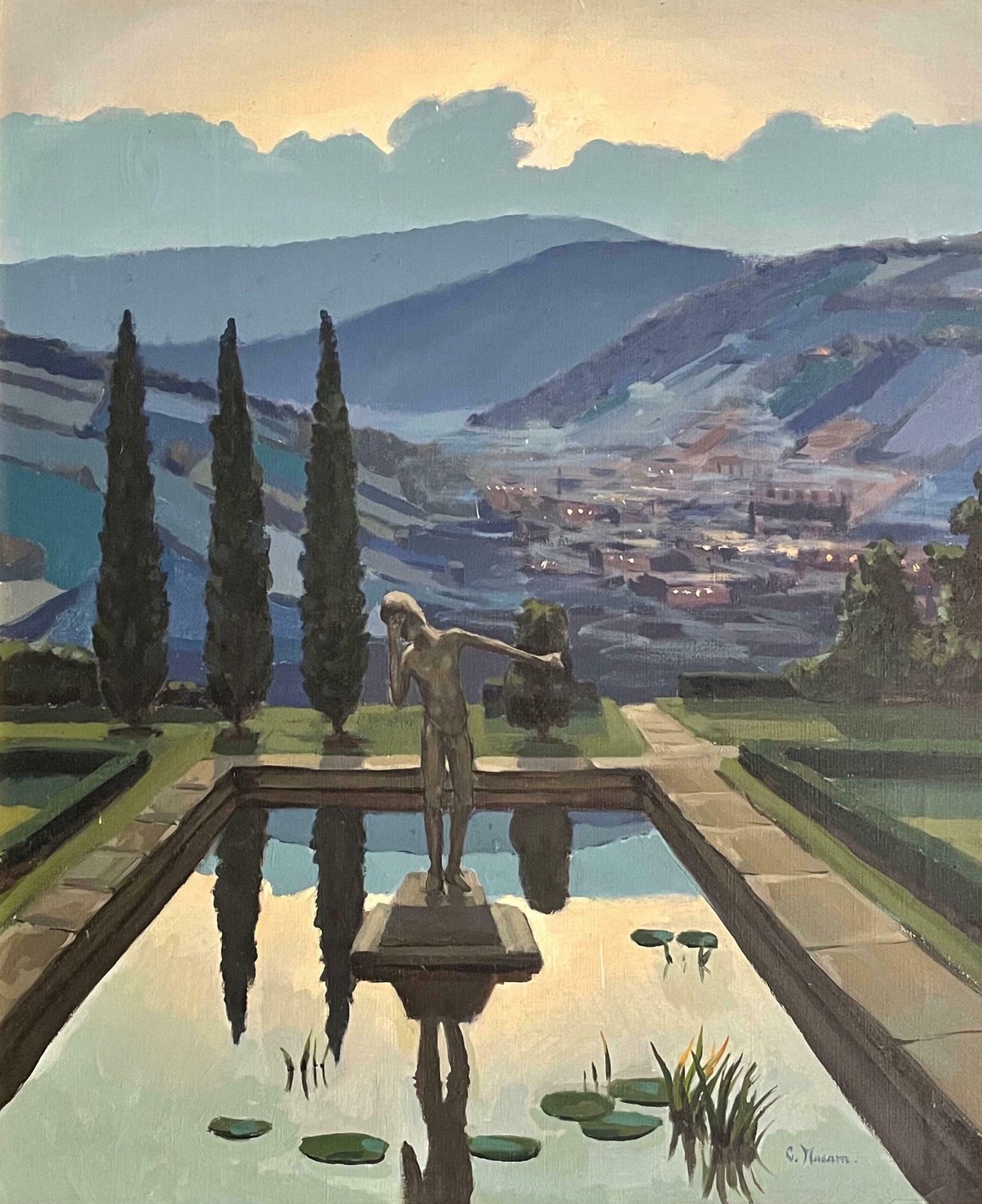 Unknowntuscany Sunset Statue In Waterlily Pool Overlooking Tuscan Hills   Signed Oil C. 1970's