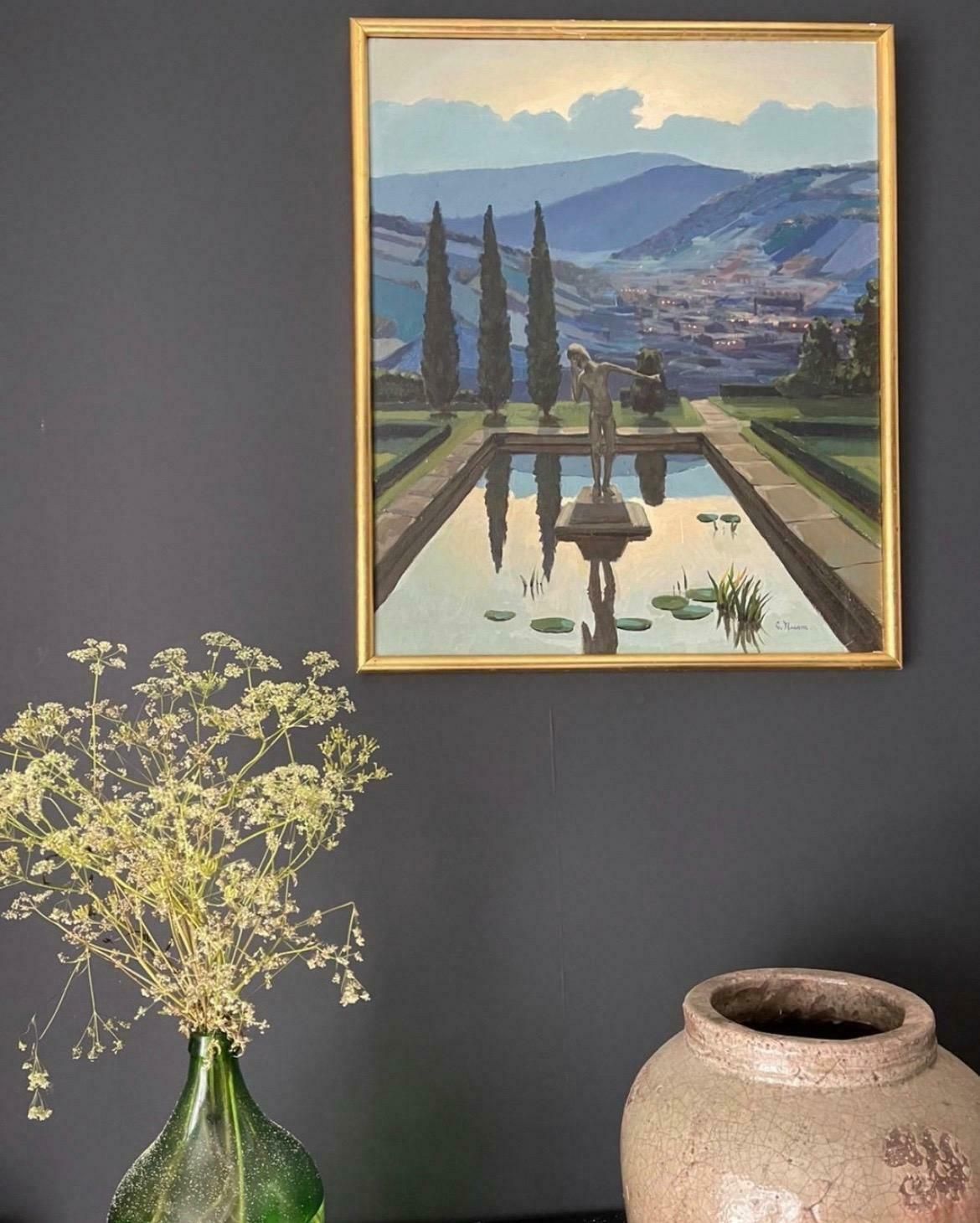 Unknowntuscany Sunset Statue In Waterlily Pool Overlooking Tuscan Hills   Signed Oil C. 1970's photo furniture
