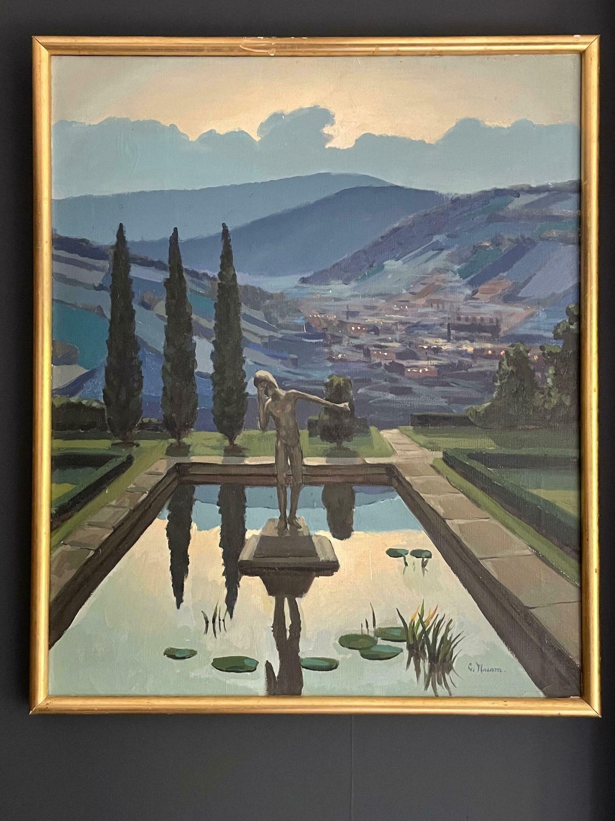 Unknowntuscany Sunset Statue In Waterlily Pool Overlooking Tuscan Hills   Signed Oil C. 1970's photo for sale