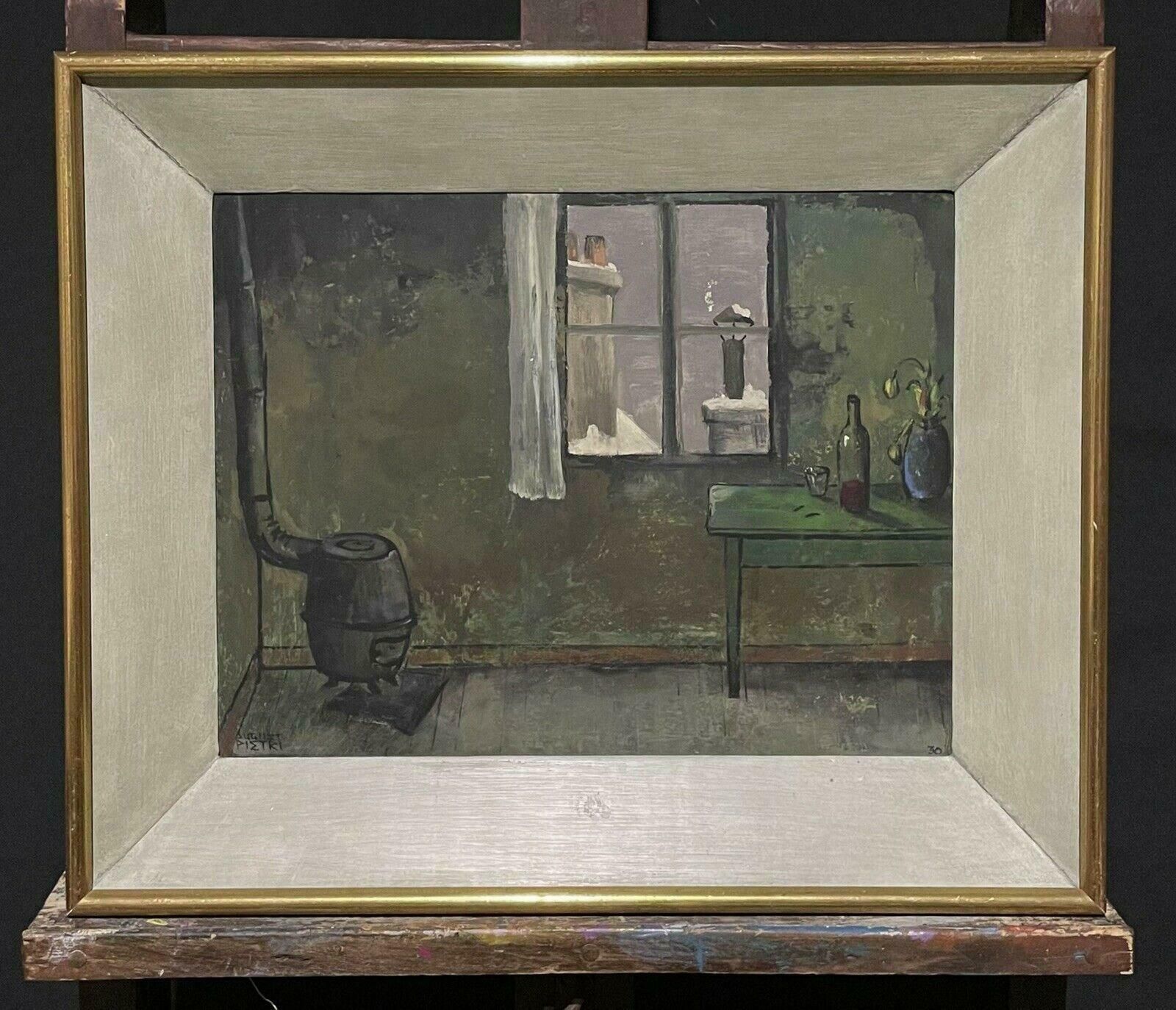 August Pietriparisian Interior Attic Room Mid 20th Century French Signed Oil, Rooftop Views photo furniture