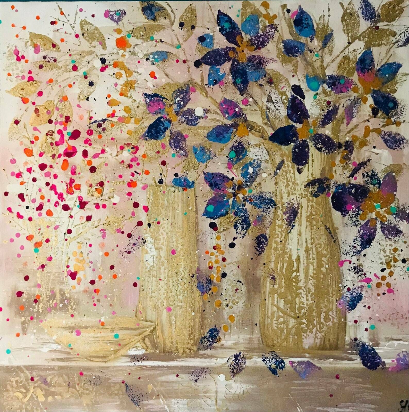 Willow.Hand Painted Original Acrylic Vase Floral Art On A Up Cycled Deep Edge Wooden Board/Canvas 90cmx90cm. Pink/Blue/Purple/Gold photo vinterior