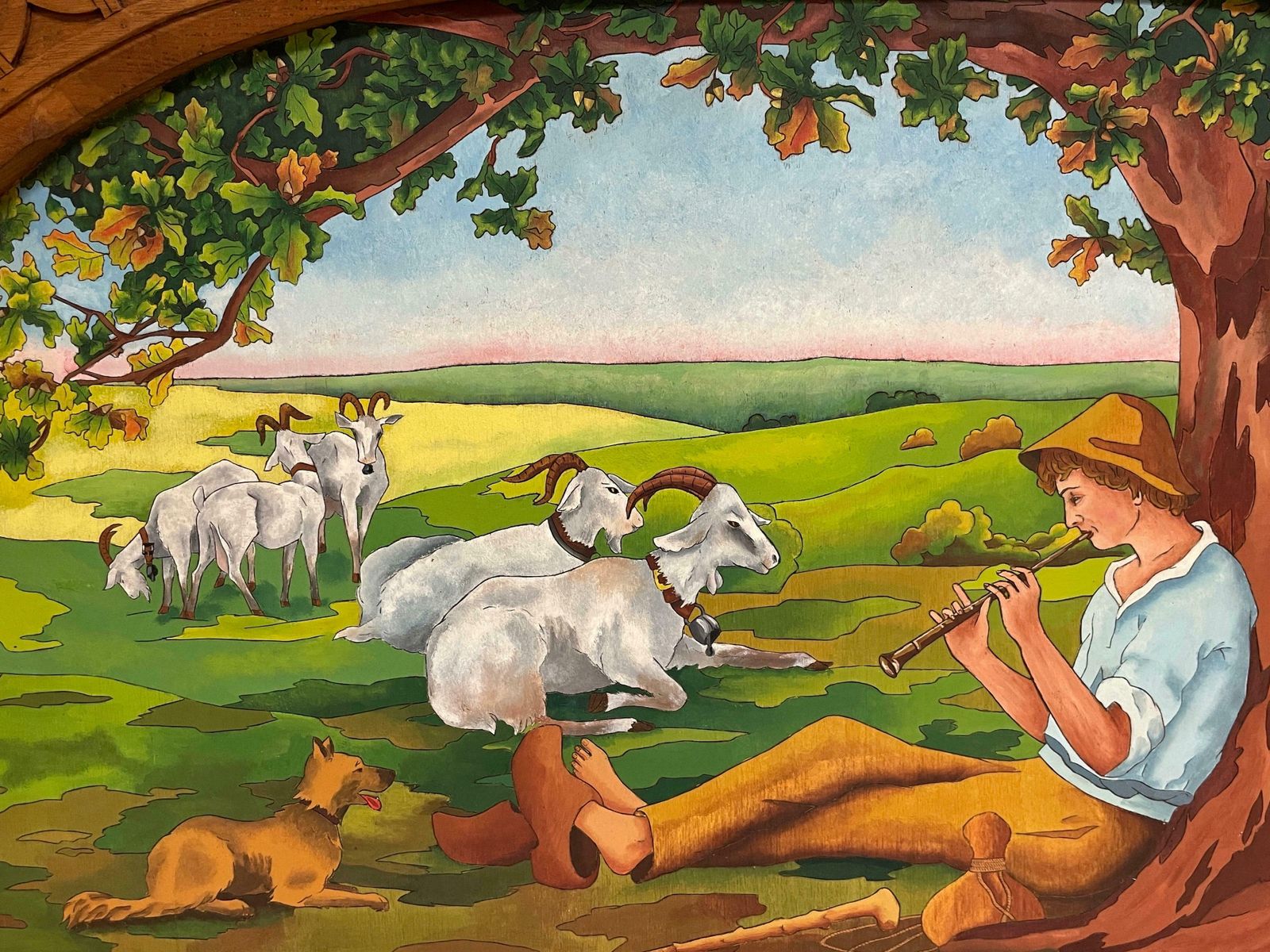 French Arts & Craftshuge French Arts & Crafts Painting Shepherd & Flock In Landscape, Ornate Framec. 1950's photo for sale