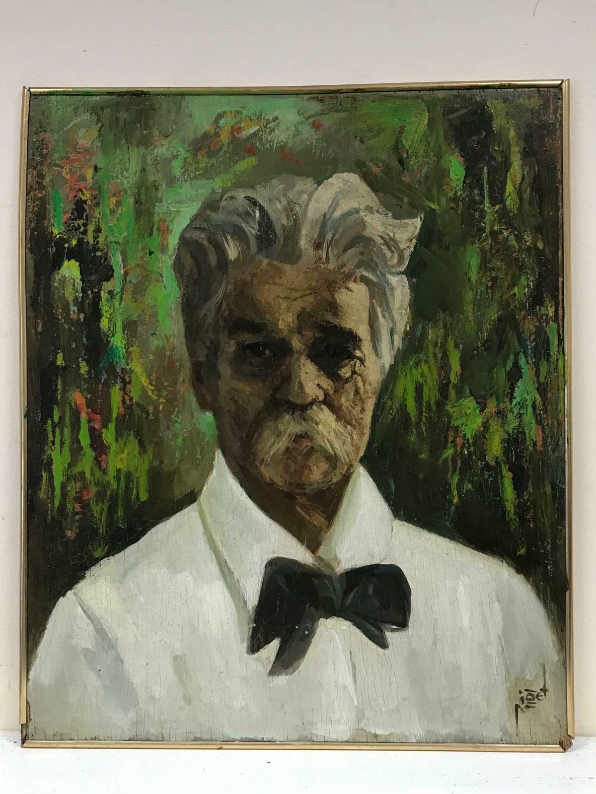 French School1950's French Signed Oil, Portrait Of A Man With Mustache & Bow Tie, Green C. 1950's photo furniture