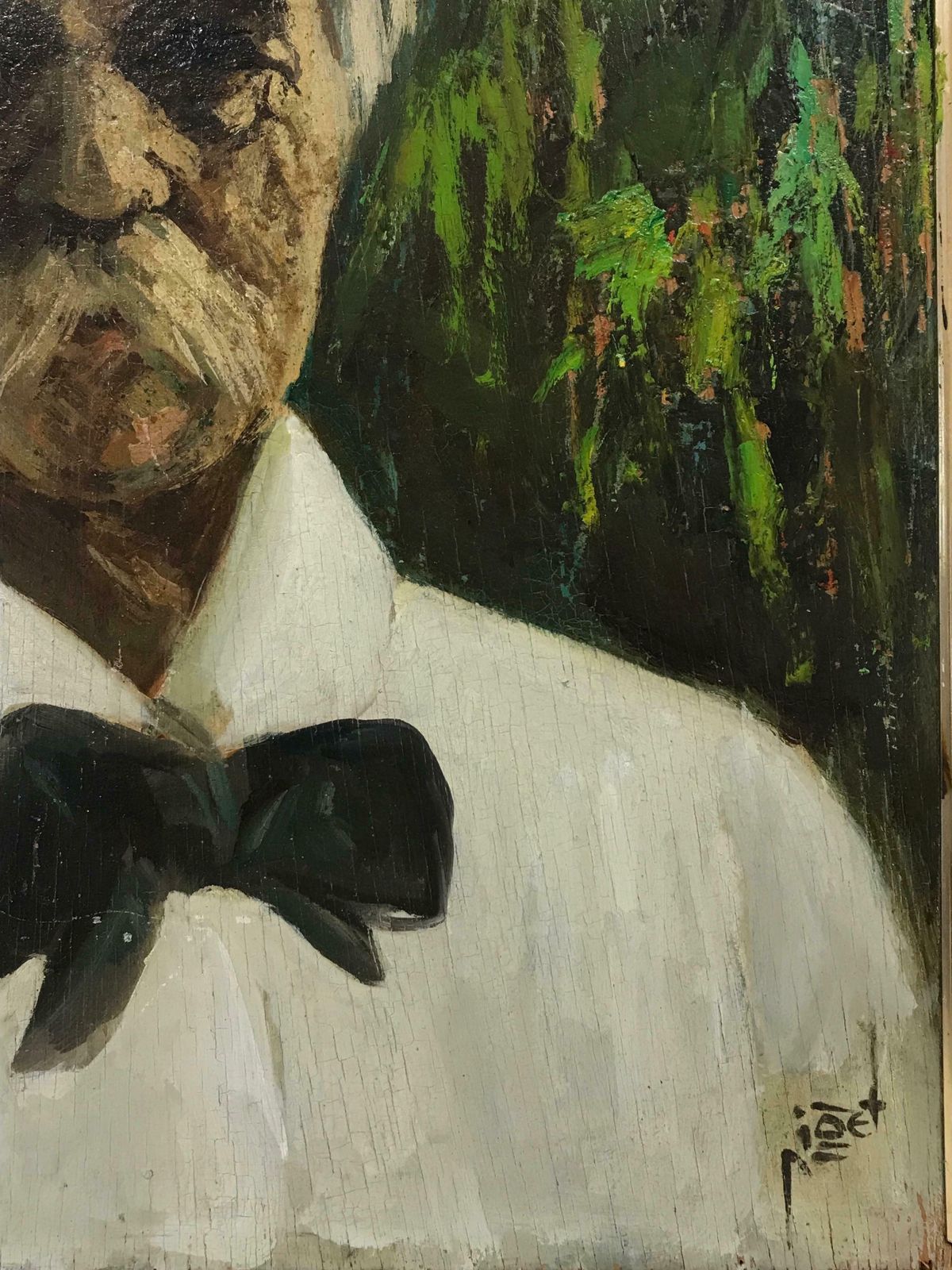 French School1950's French Signed Oil, Portrait Of A Man With Mustache & Bow Tie, Green C. 1950's photo Art