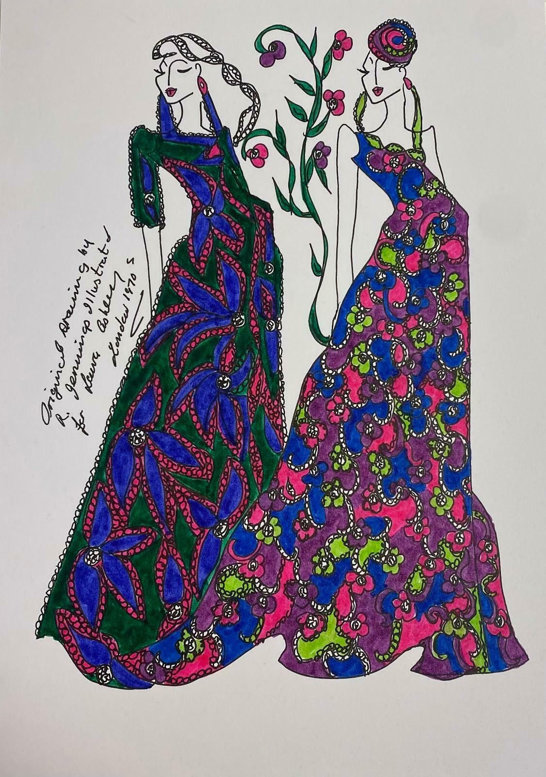 Roz Jenningsoriginal Fashion Design Illustration Watercolor Painting Laura Ashley Designerc.2000