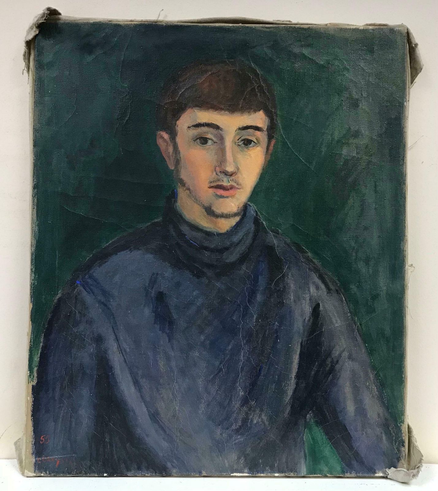 20th Century French School1950's French Signed Oil, Portrait Of Young Man In Blue Jersey photo furniture