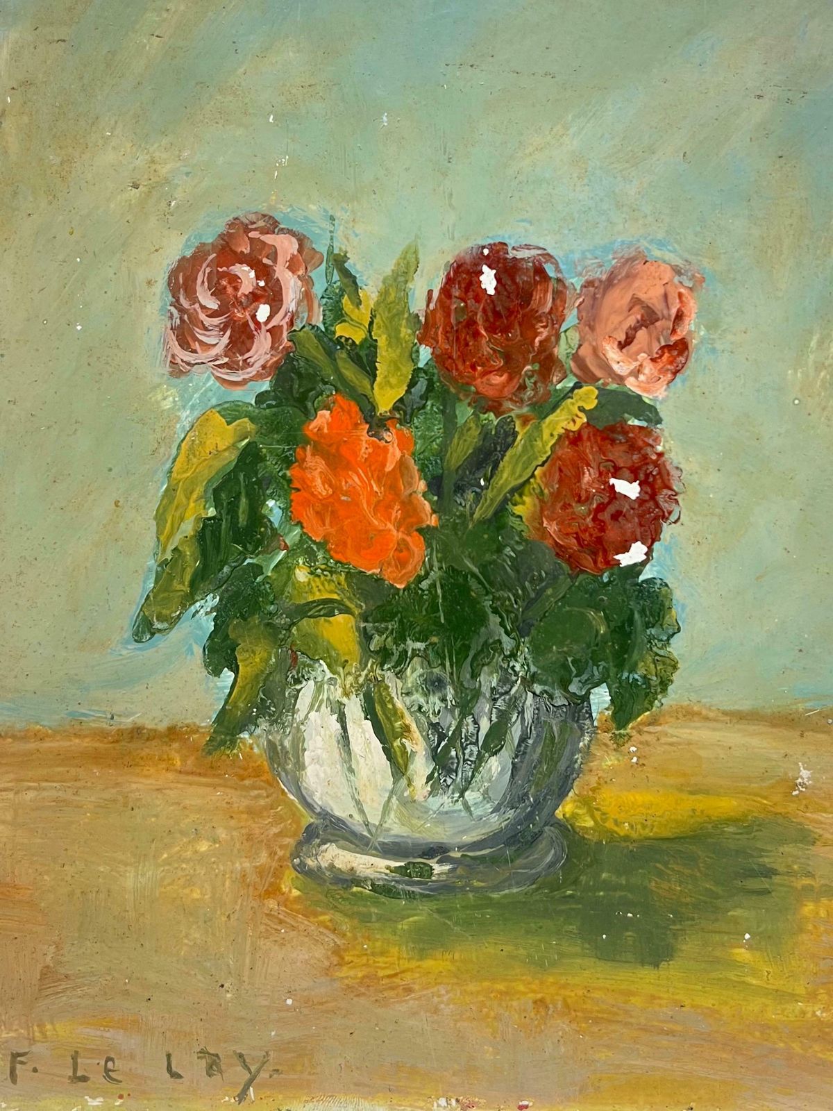Fanch Lelvibrant Bouquet Of Roses And Carnations In A Glass Vase Still Life Mid Century20th Century photo for sale