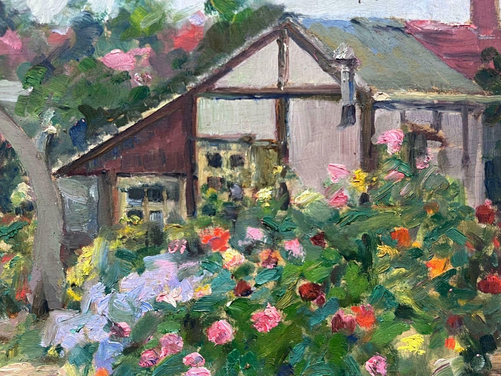 Louise Alixfrench Impressionist Oil Summer Green House In Rose Garden1940's photo vinterior