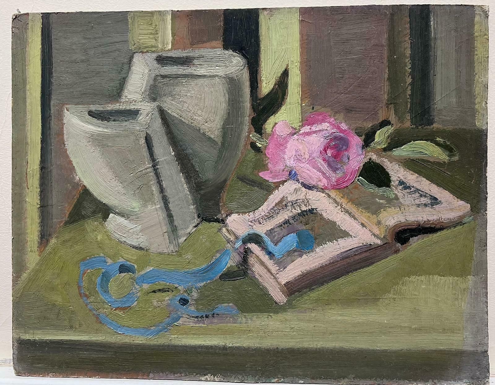 Louise Alix1930's French Impressionist Pink Rose On Book Interior Scene1940's photo furniture