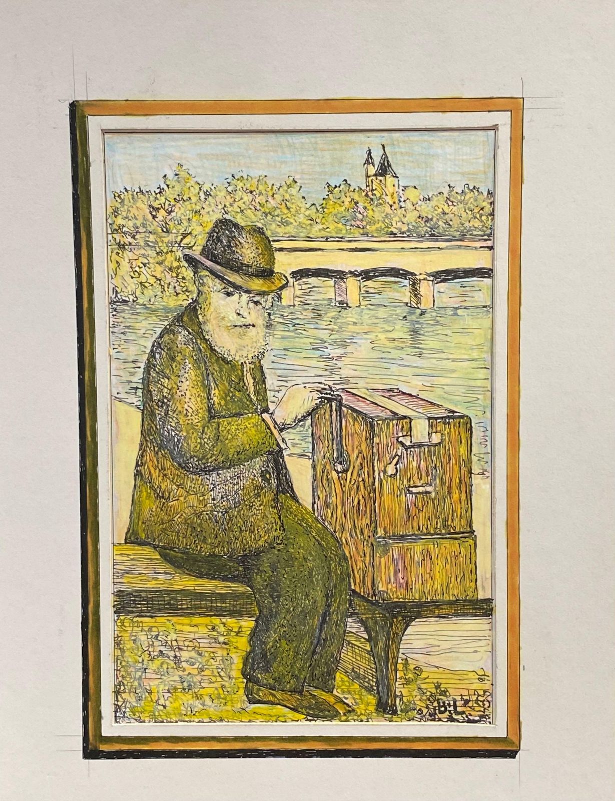 Bernard Labbe1950's French Painting Signed The Busker River Seine Paris1950's photo furniture