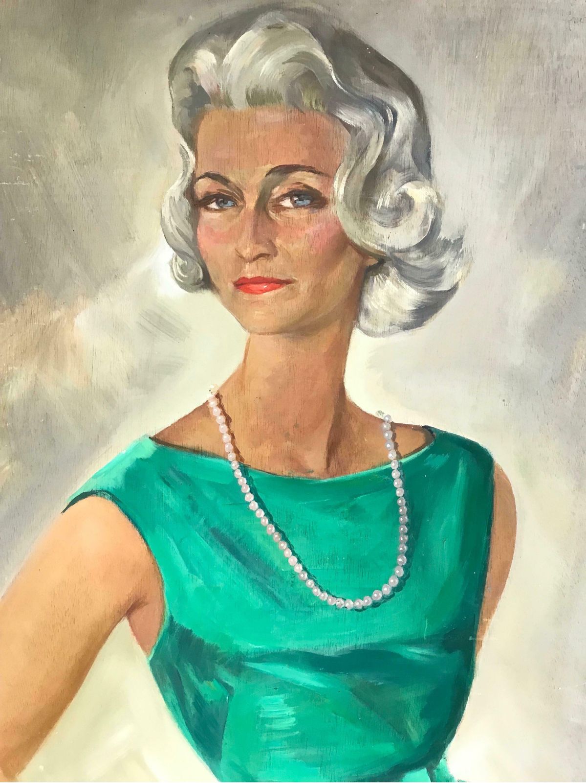 20th Century French Schoolhuge 1960s French Signed Oil   Portrait Of Fashionable Woman Emerald Green Dressc. 1960's photo for sale