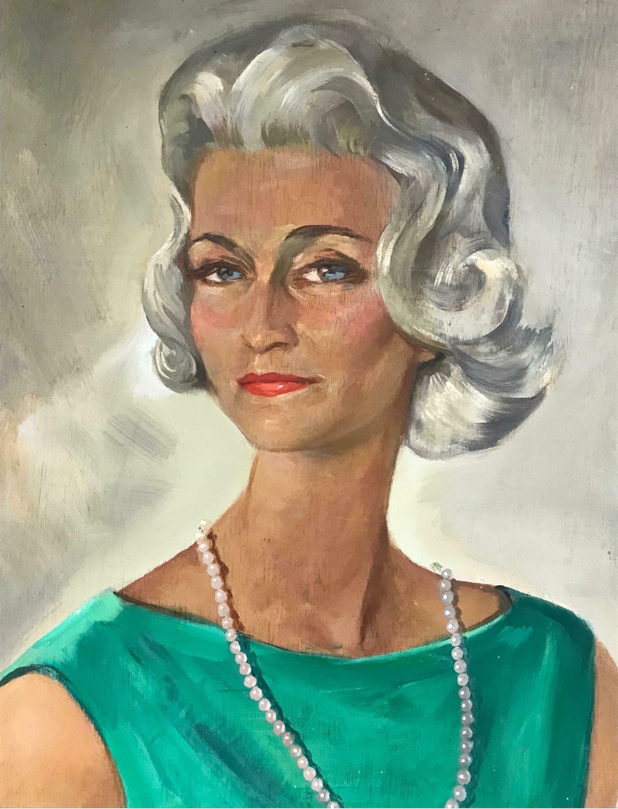 20th Century French Schoolhuge 1960s French Signed Oil   Portrait Of Fashionable Woman Emerald Green Dressc. 1960's photo buy