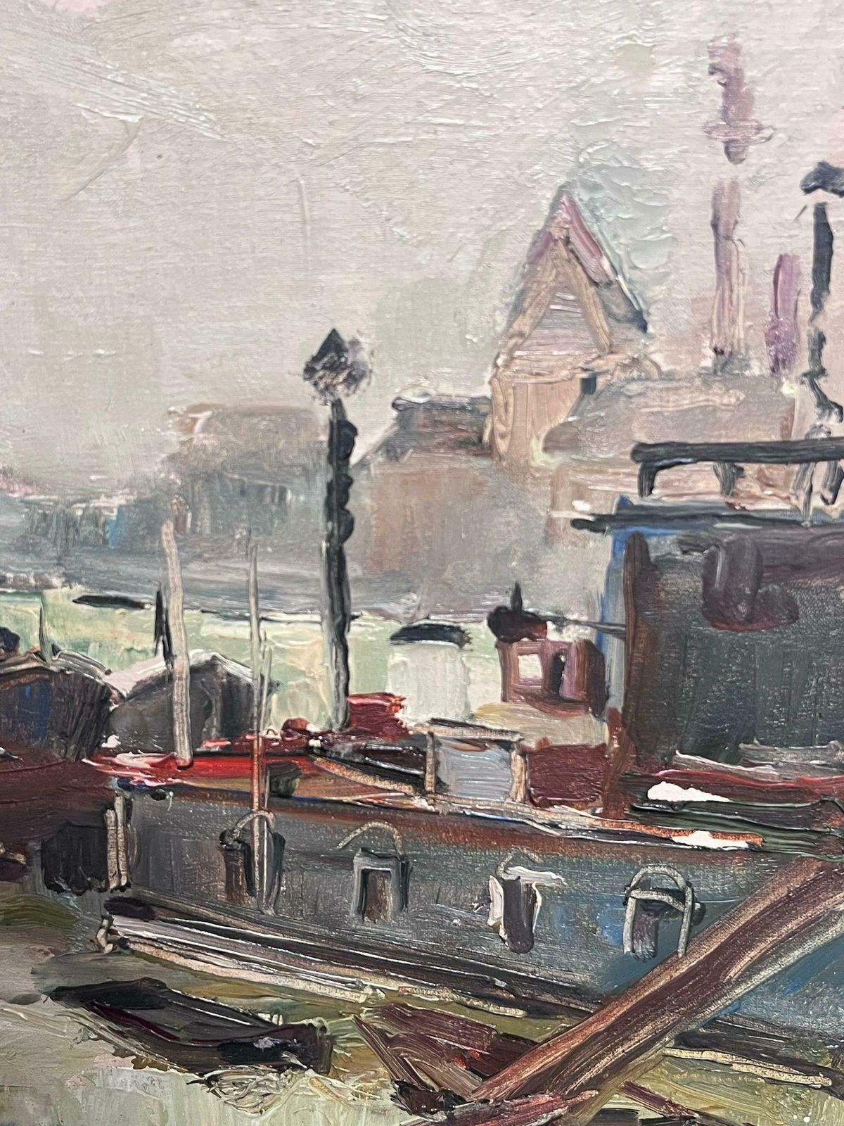 Regine Davidmid 20th Century French Post Impressionist Oil Barge Boats River Seine Paris1950's photo vinterior
