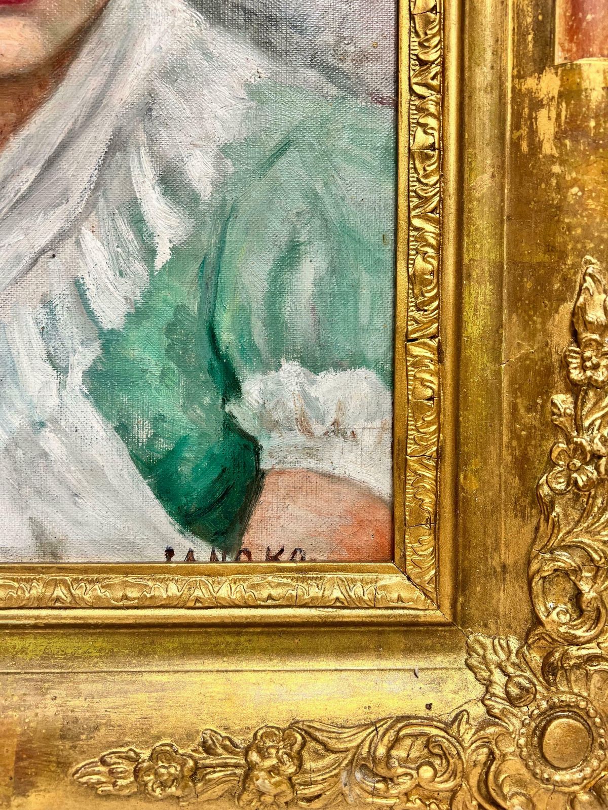 1930's Frenchfrench Impressionist Signed Oil, Portrait Of Young Lady In Turquoise Dress 1930s1930's photo Art