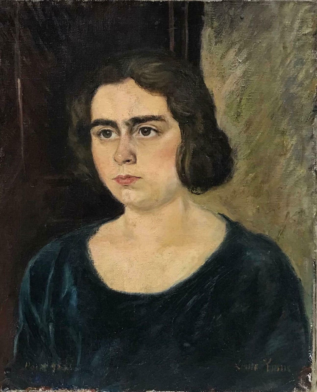 20th Century French School1950's French Oil, Portrait Of A Young Lady With Bobbed Hair & Moody Expressionc. 1950's