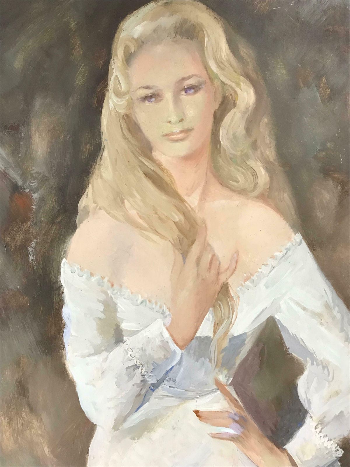 French Schoolvery Large 1960's French Signed Oil   Portrait Of Beautiful Blonde Lady In Whitec. 1960's photo for sale