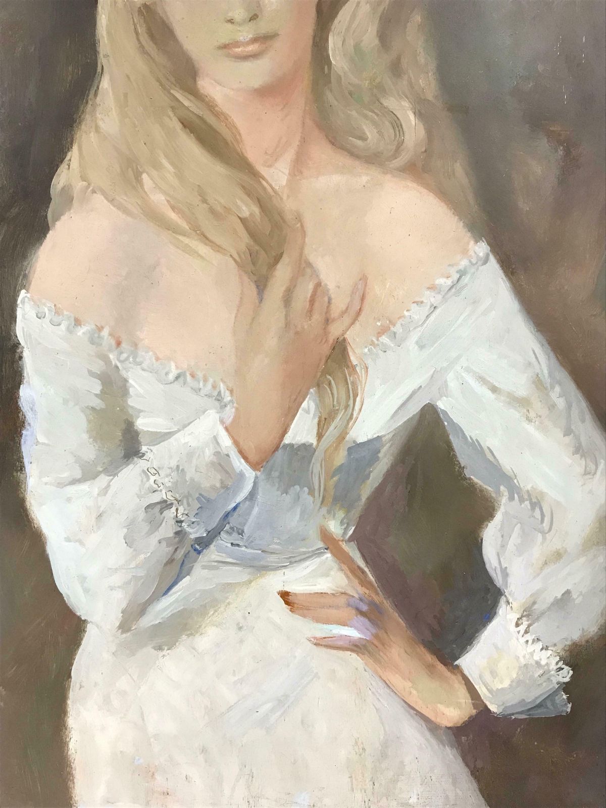 French Schoolvery Large 1960's French Signed Oil   Portrait Of Beautiful Blonde Lady In Whitec. 1960's photo vinterior