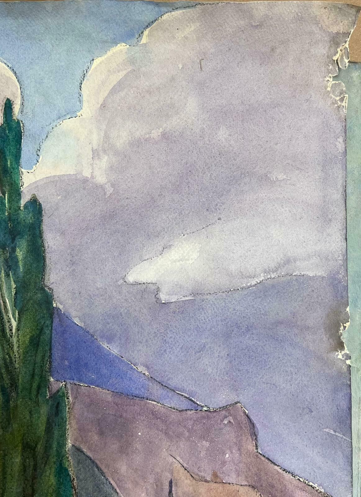 Louise Alix1930's French Impressionist Tall Green Cypress Trees Purple Mountain Landscape1930's photo for sale