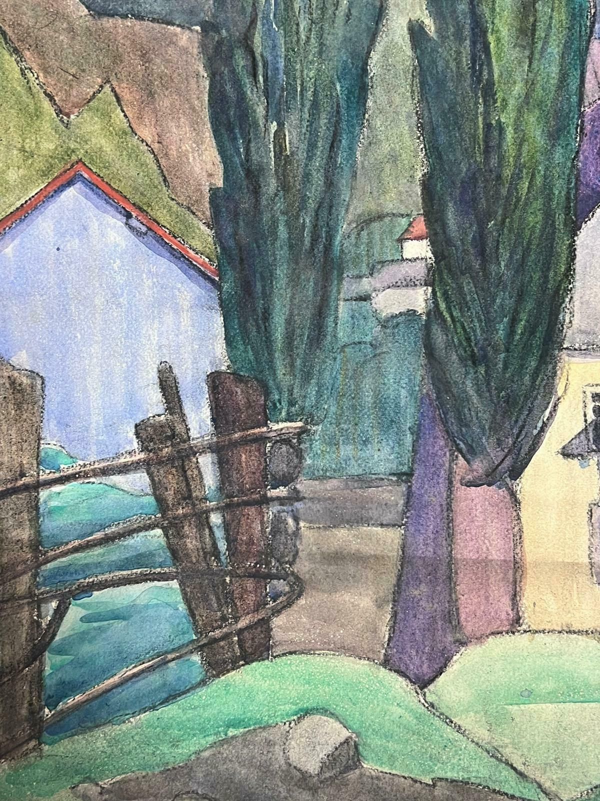 Louise Alix1930's French Impressionist Tall Green Cypress Trees Purple Mountain Landscape1930's photo Art